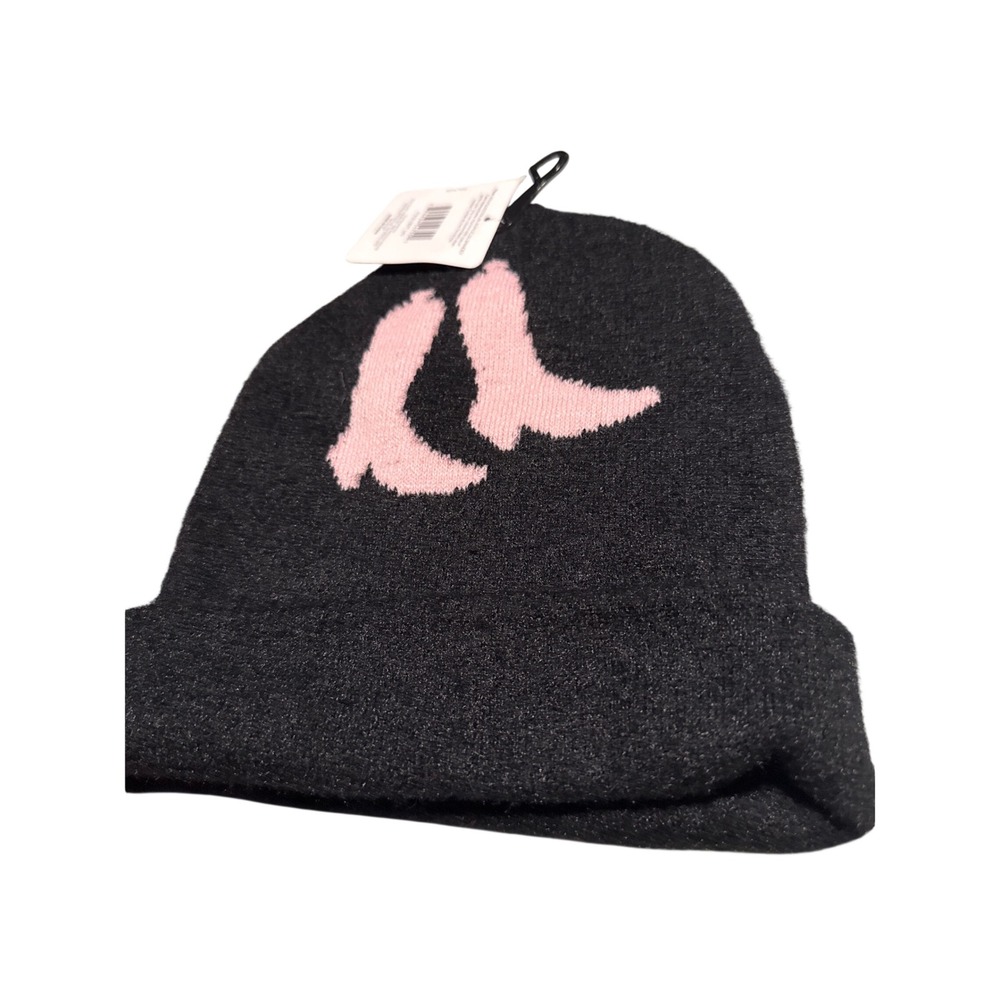 Ladies Black Knit Beanie Pink Cowboy Boot Western Cowgirl One Size NWT